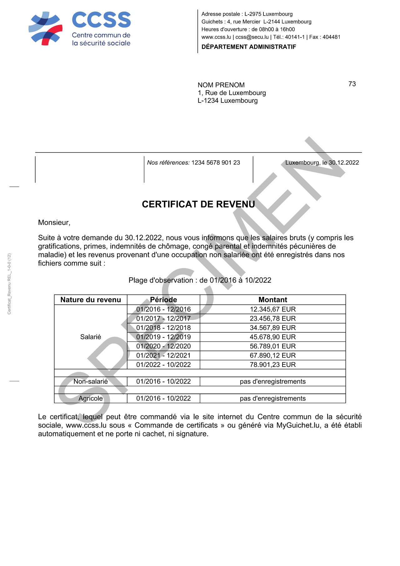 Commande d'un certificat de revenus