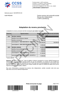 Spécimen 2 de formulaire reçu suite à une demande de formulaire d'adaptation du revenu provisoire pour indépendants